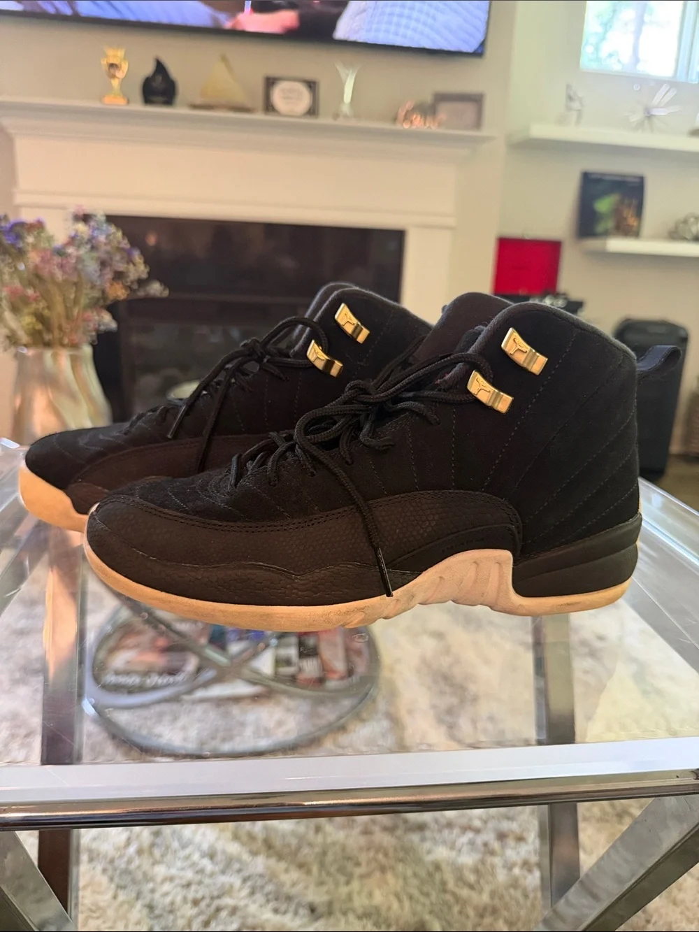 Jordan Men's Black Suede High-Top Sneakers with Gold Eyelets